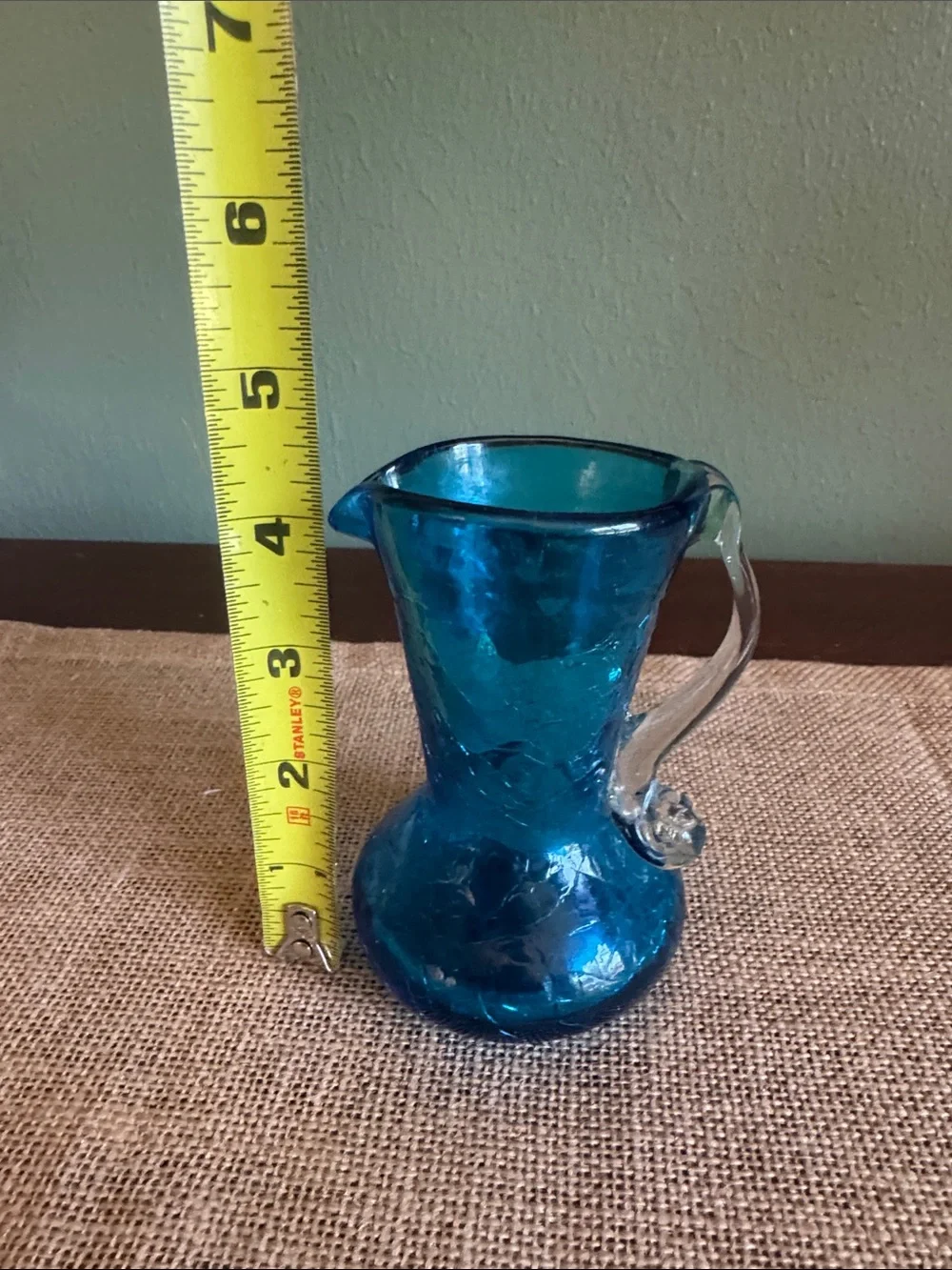 Hand Blown Blue Crackle Glass Pitcher Vase Clear Applied Handle 4”